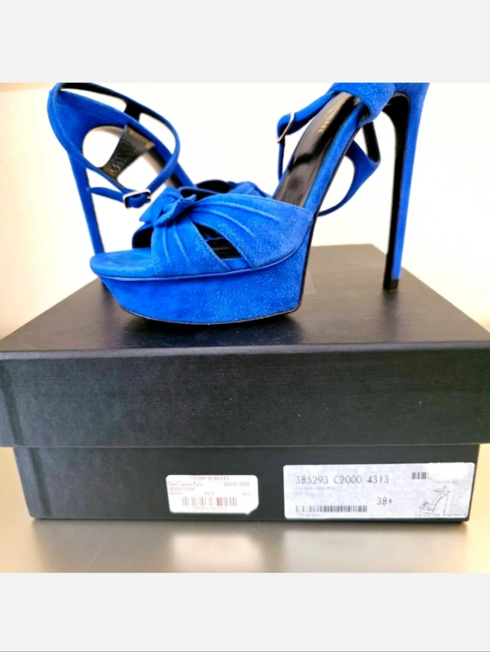 YSL Saint Laurent Blue Suede Platform Stiletto Ankle Strap Heels EU 38.5 / US 8 - Picture 4 of 13